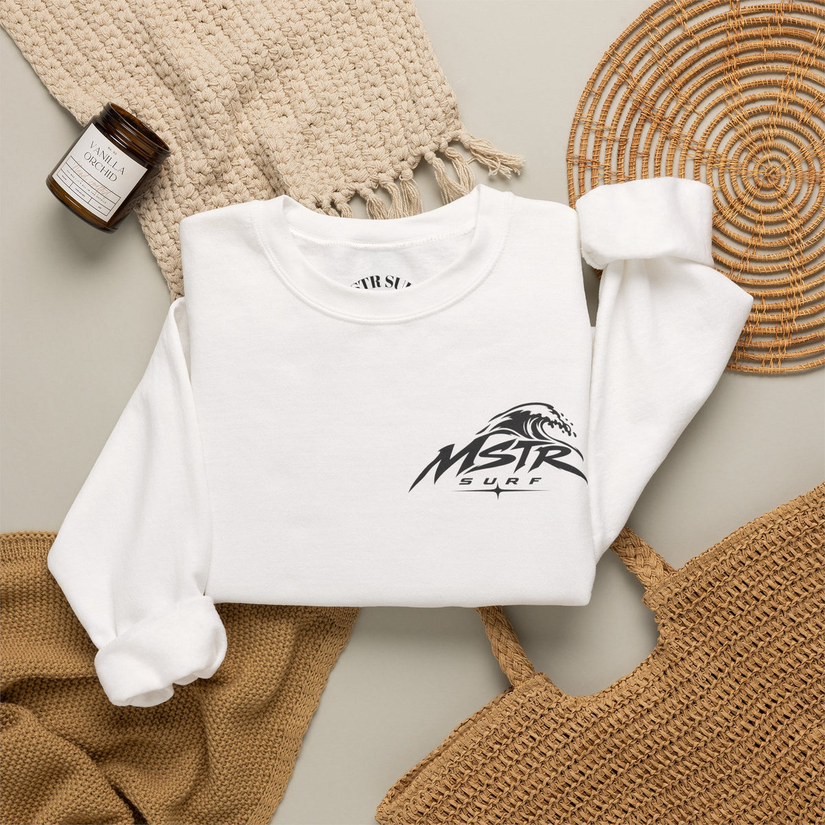 Surf Crewneck Sweatshirt — MSTR Wave Logo with Sleeve Text
